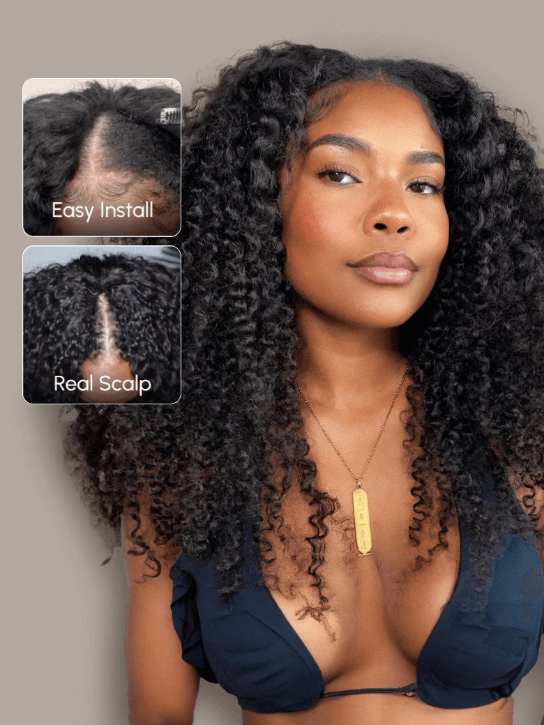 From 18'' UNice Beginner Friendly EasiContour Hand Tied V Part Drawstring Kinky Curly Wig Glueless Protective Wig 150% Density