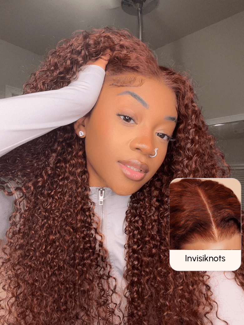 7x5 Glueless Lace Bye-Bye Knots Wig Reddish Brown Curly Wig With Bleached Knots 150% Density