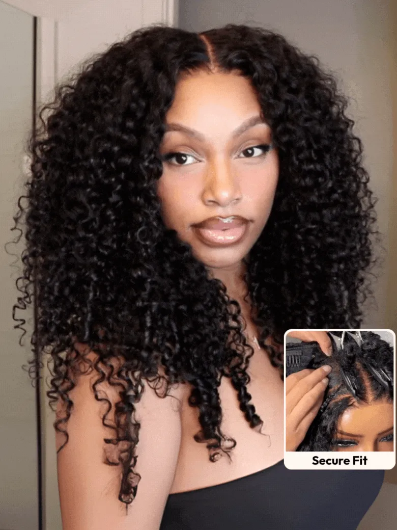 InvisiBlend™ V Part Curly Texture Drawstring Human Hair Wig With Finger Coil Ends