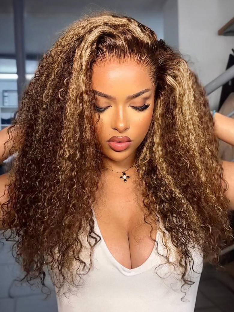 [16"/180% Density=$89] Bye Bye Knots Wig 7x5 Glueless Lace Honey Blonde Jerry Curly Bleached Knots Wig Small Head Friendly