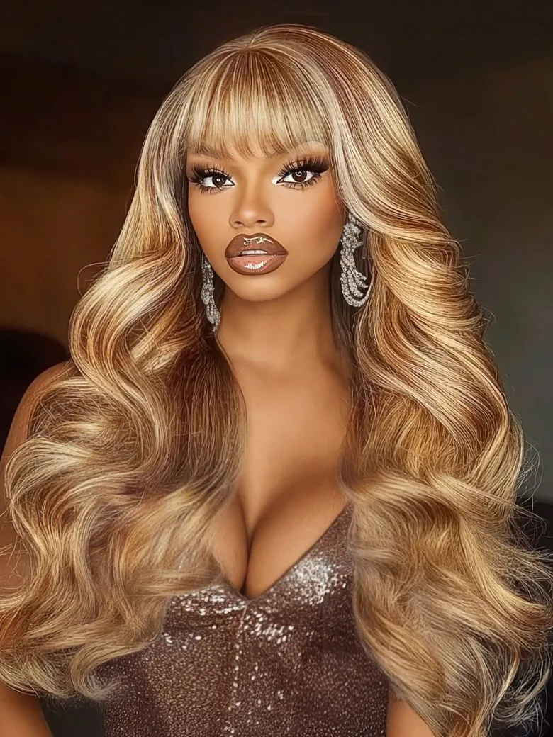 [$50 Off Every $100] Honey Blonde Highlights Fluffy Loose Wave Full Bangs 13x4 Pre-Everything™ Lace Frontal Wig