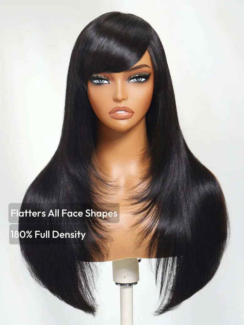 Flash Sale: 22inch 180% Density 7x5 Bye-Bye Knots Lace Feather Layer Straight Wig With Side Bangs