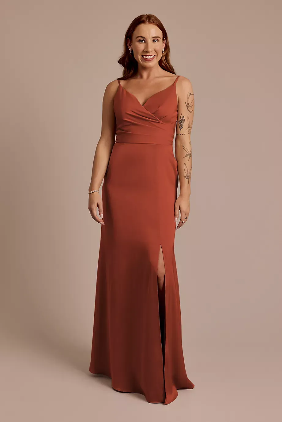 Celebrate DB Studio Matte Satin Spaghetti Strap Surplice A-Line Dress in Cinnamon Size: 24 David's Bridal