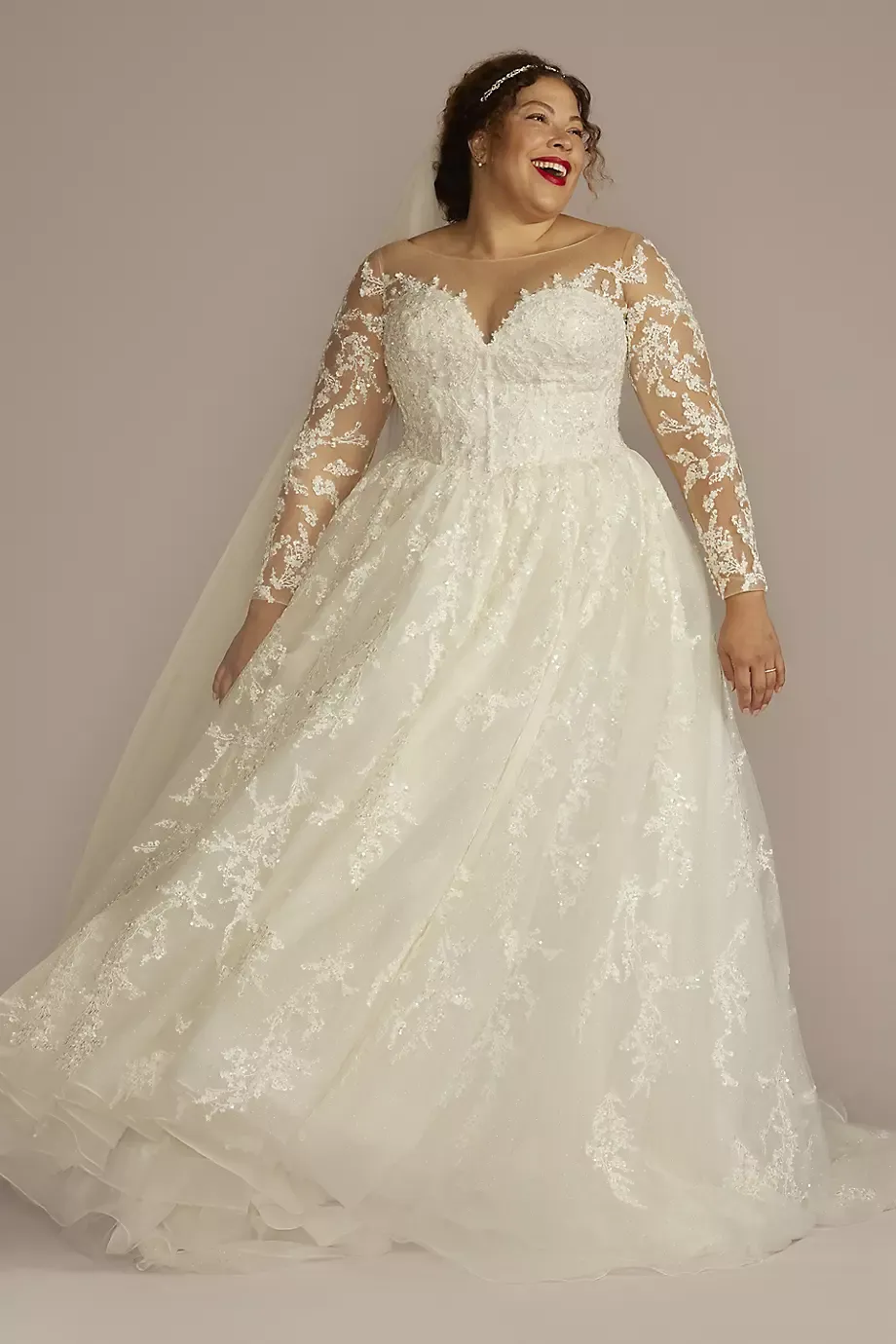Oleg Cassini Lace Appliqued Illusion Long Sleeve Wedding Dress in Ivory/Stone Size: 18W David's Bridal