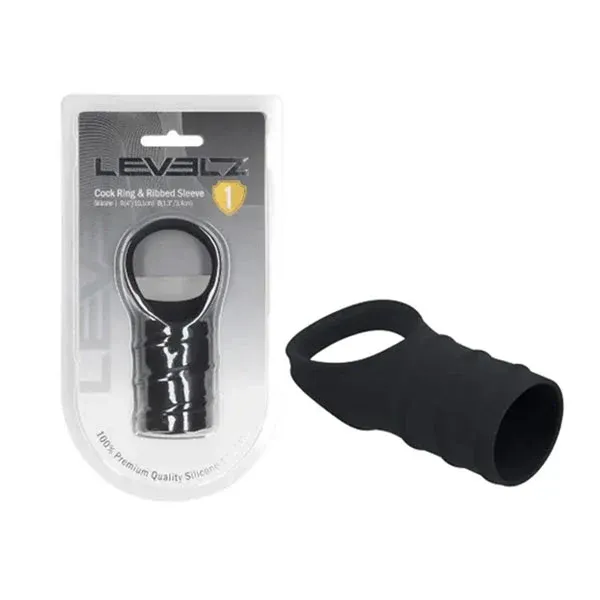 Levelz Silicone Cock Ring And Ribbed Sleeve Black