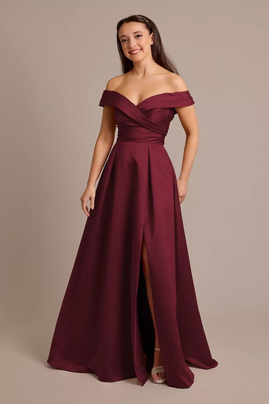 Celebrate DB Studio Satin Off-The-Shoulder Ball Gown Dress in Wine Size: 4 David's Bridal