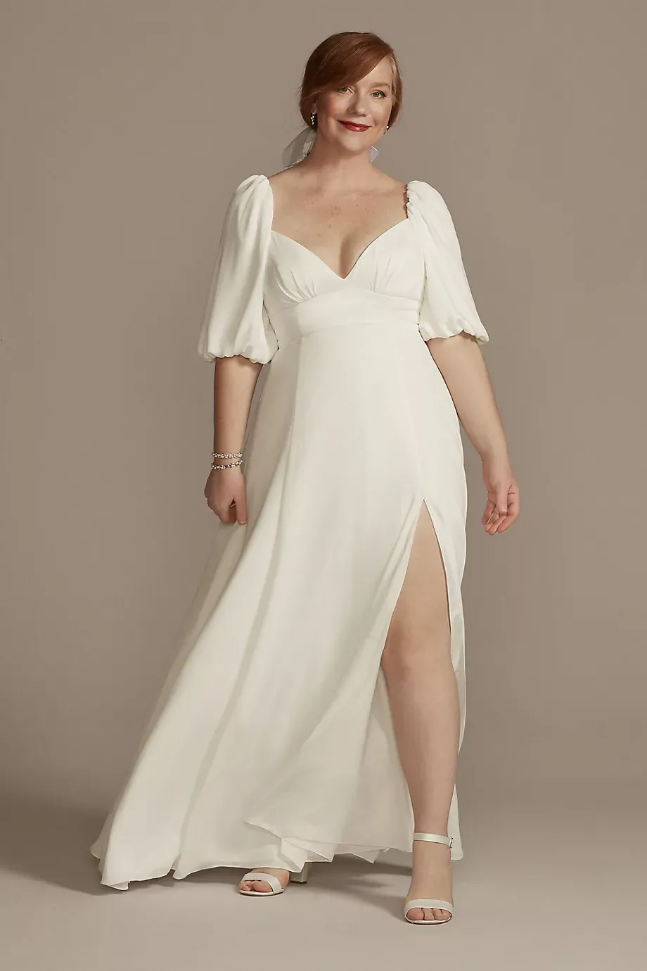 DB Studio Bubble Sleeve Georgette V-Neck Wedding Dress in Soft White Size: 22W David's Bridal