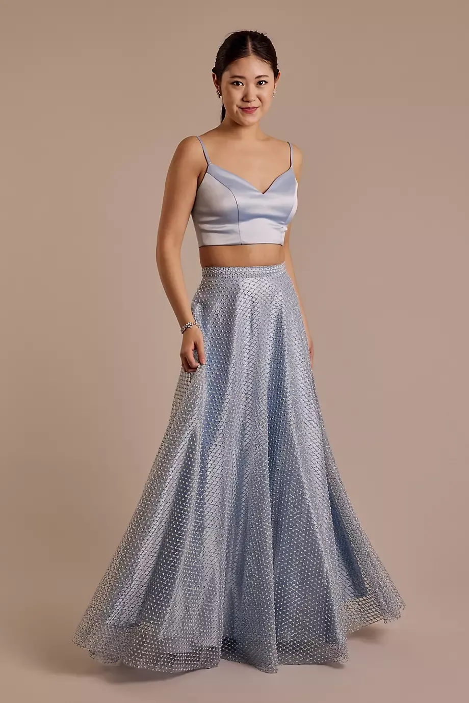 Crystal Doll Two-Piece Ball Gown And Lace-Up Top Set in Blue Size: 11 David's Bridal