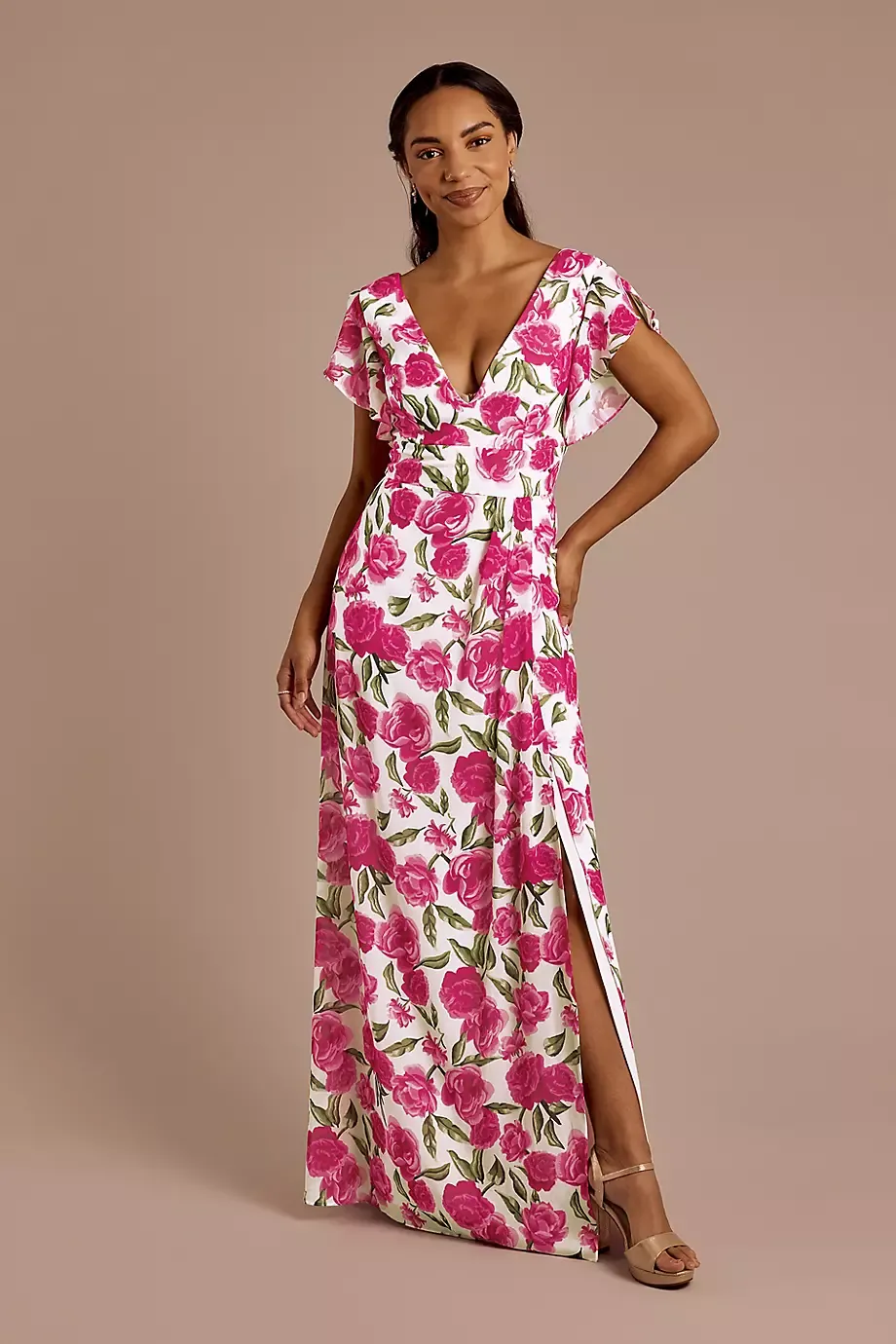 Celebrate DB Studio Floral Chiffon Flutter Sleeve V-Neck Dress in Pink Rose Floral Print Size: 14 David's Bridal
