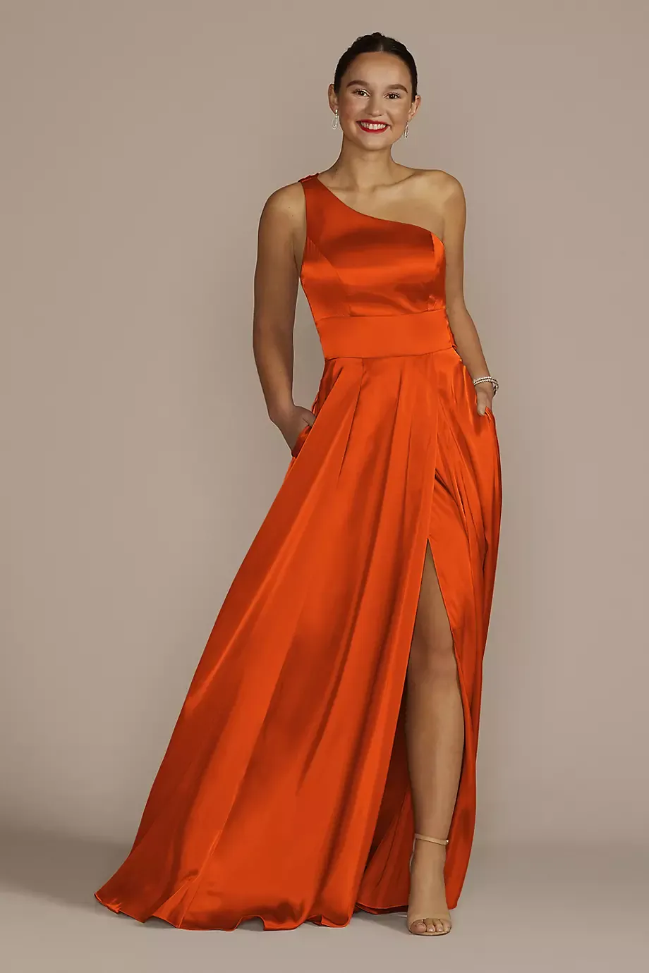 Galina Signature One-Shoulder Draped Charmeuse Dress in Sienna Size: 4 David's Bridal