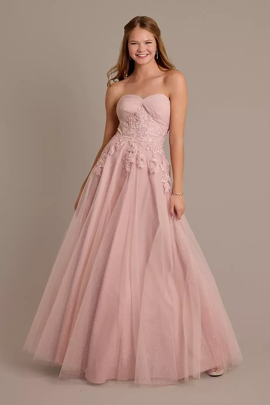 Jules and Cleo Glitter Tulle Ball Gown With Floral Appliques in Light Pink Size: 14 David's Bridal