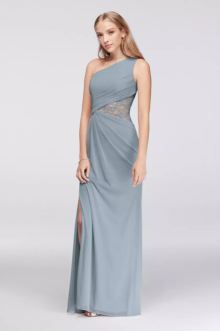 Celebrate DB Studio One-Shoulder Mesh Dress With Lace Inset in Dusty Blue Size: 26 David's Bridal