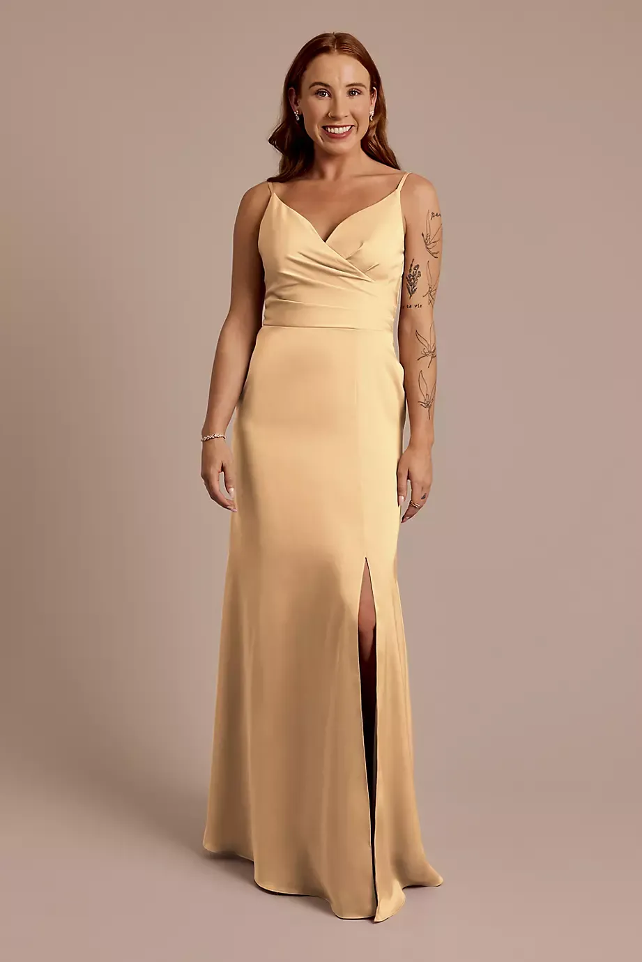 Celebrate DB Studio Matte Satin Spaghetti Strap Surplice A-Line Dress in Golden Size: 16 David's Bridal