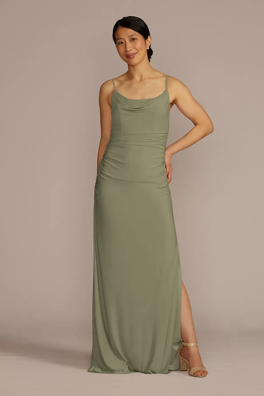 Celebrate DB Studio Ruched Jersey Spaghetti Strap Dress in Eucalyptus Size: 14 David's Bridal