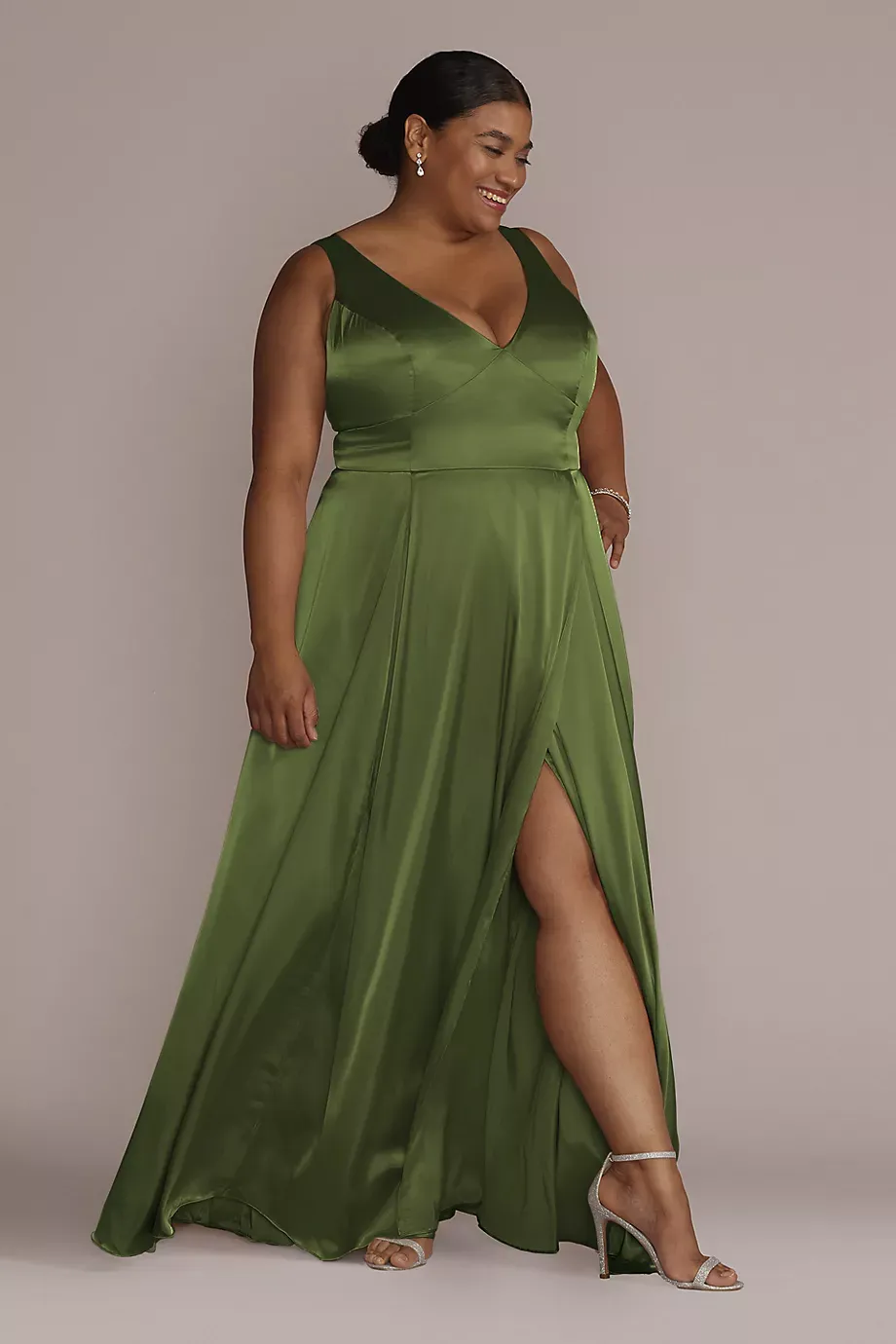 Galina Signature Charmeuse Tank V-Neck Dress With Slit in Martini Olive Size: 0 David's Bridal