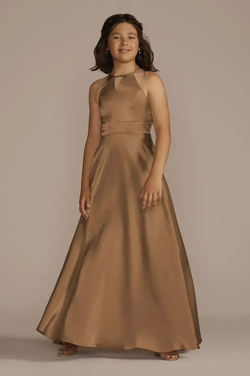 Galina Signature Charmeuse High-Neck Junior Bridesmaid Dress in Latte Size: 18 David's Bridal