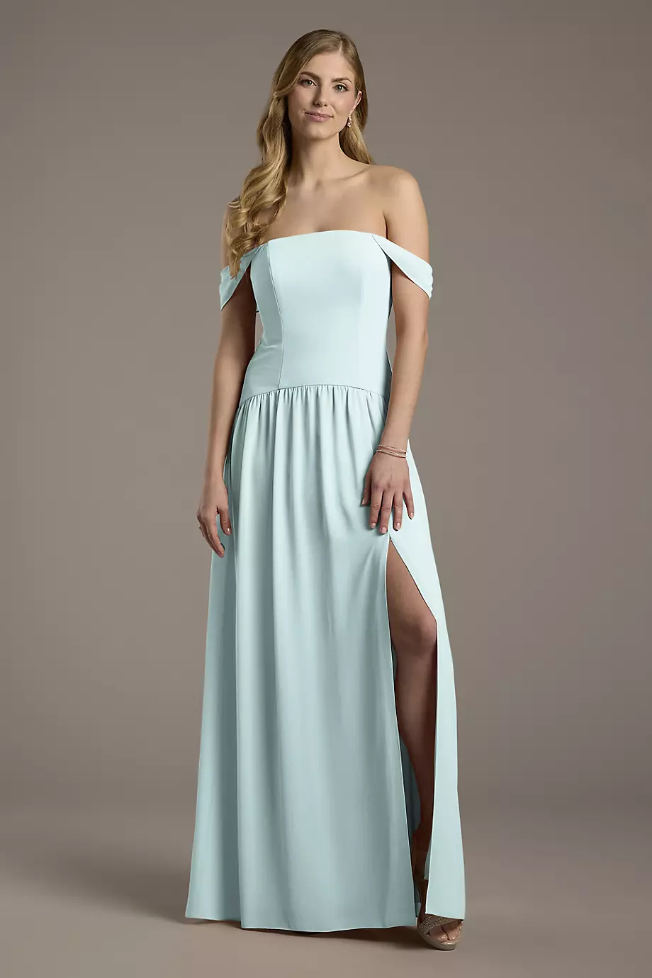 Celebrate DB Studio Chiffon Curved Drop Waist Off-The-Shoulder Dress in Sky Blue Size: 10 David's Bridal