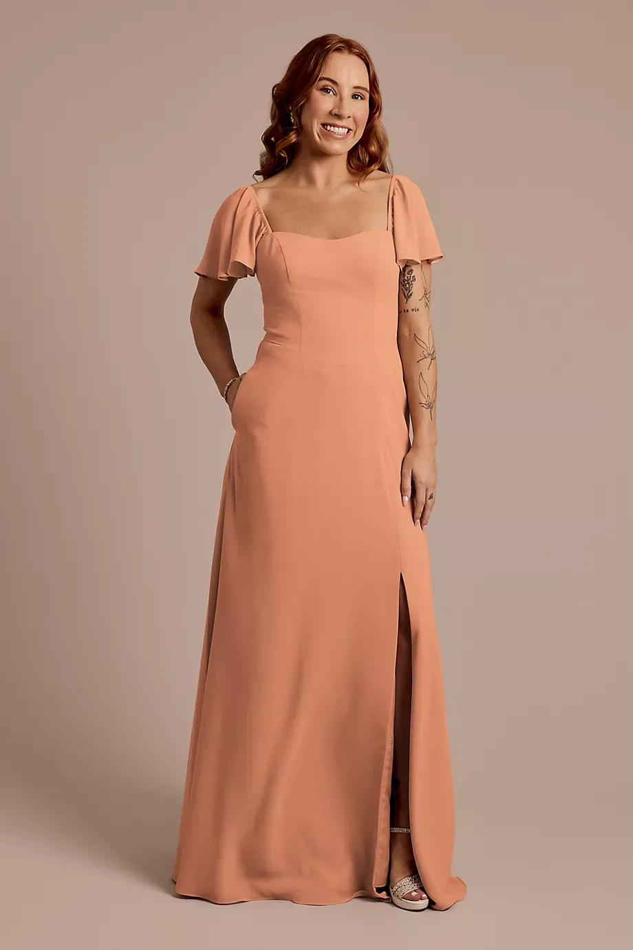 Celebrate DB Studio Chiffon Flutter Sleeve Dress With Basque Waist in Terracotta Size: 12 David's Bridal