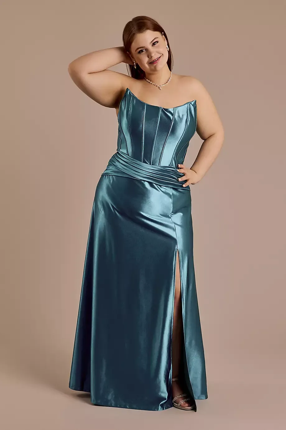 Jules and Cleo Sculpting Satin Corset Bodice A-Line Dress in Oasis Size: 22 David's Bridal