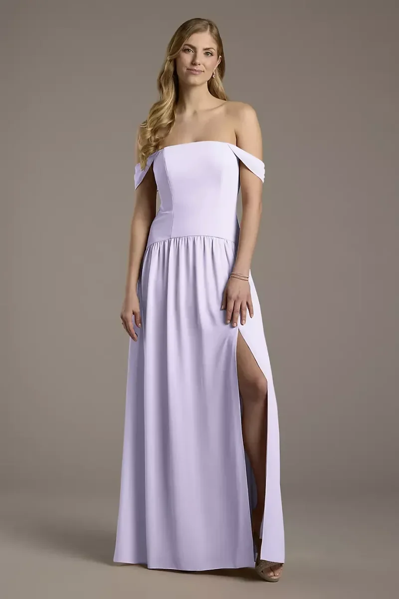 Celebrate DB Studio Chiffon Curved Drop Waist Off-The-Shoulder Dress in Iris Size: 14 David's Bridal