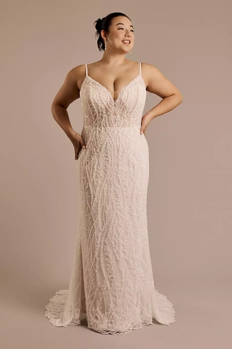 Melissa Sweet Beaded V-Neck Sheath Wedding Dress in Ivory/Sand Size: 24W David's Bridal
