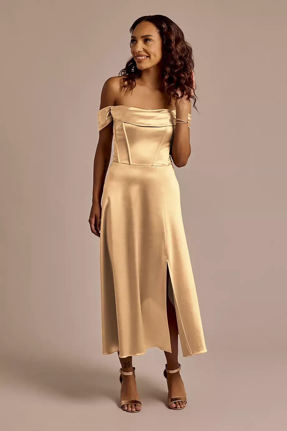 Celebrate DB Studio Off-The-Shoulder Sculpting Satin Midi Dress in Golden Size: 8 David's Bridal