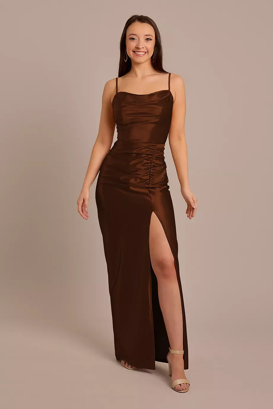 Celebrate DB Studio Sculpting Satin Cowl Neck Ruched Dress in Chocolate Size: 0 David's Bridal