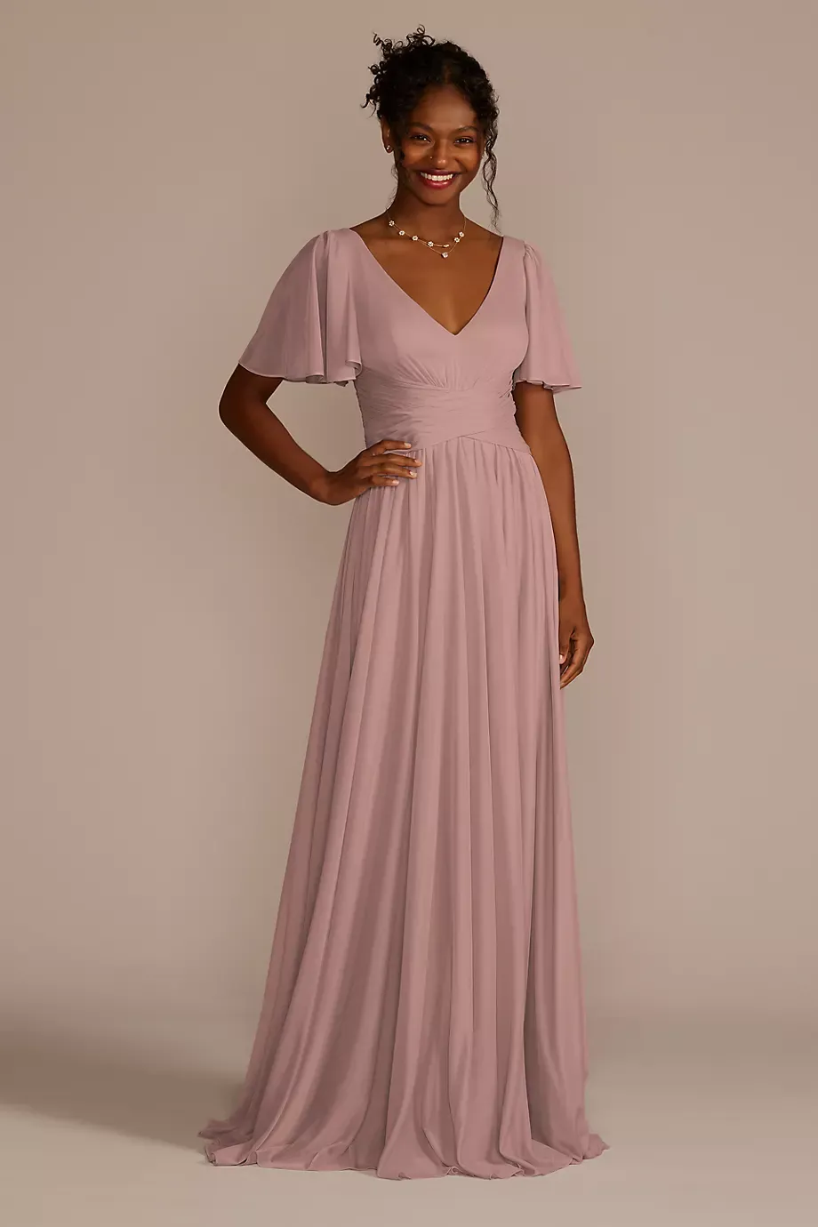 Celebrate DB Studio Crisscross Mesh Flutter Sleeve Bridesmaid Dress in Quartz Size: 24 David's Bridal