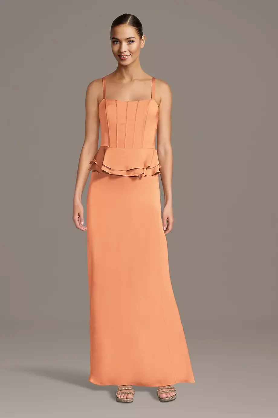 Celebrate DB Studio Matte Satin Corset Sheath Dress With Peplum in Orange Sorbet Size: 3X David's Bridal