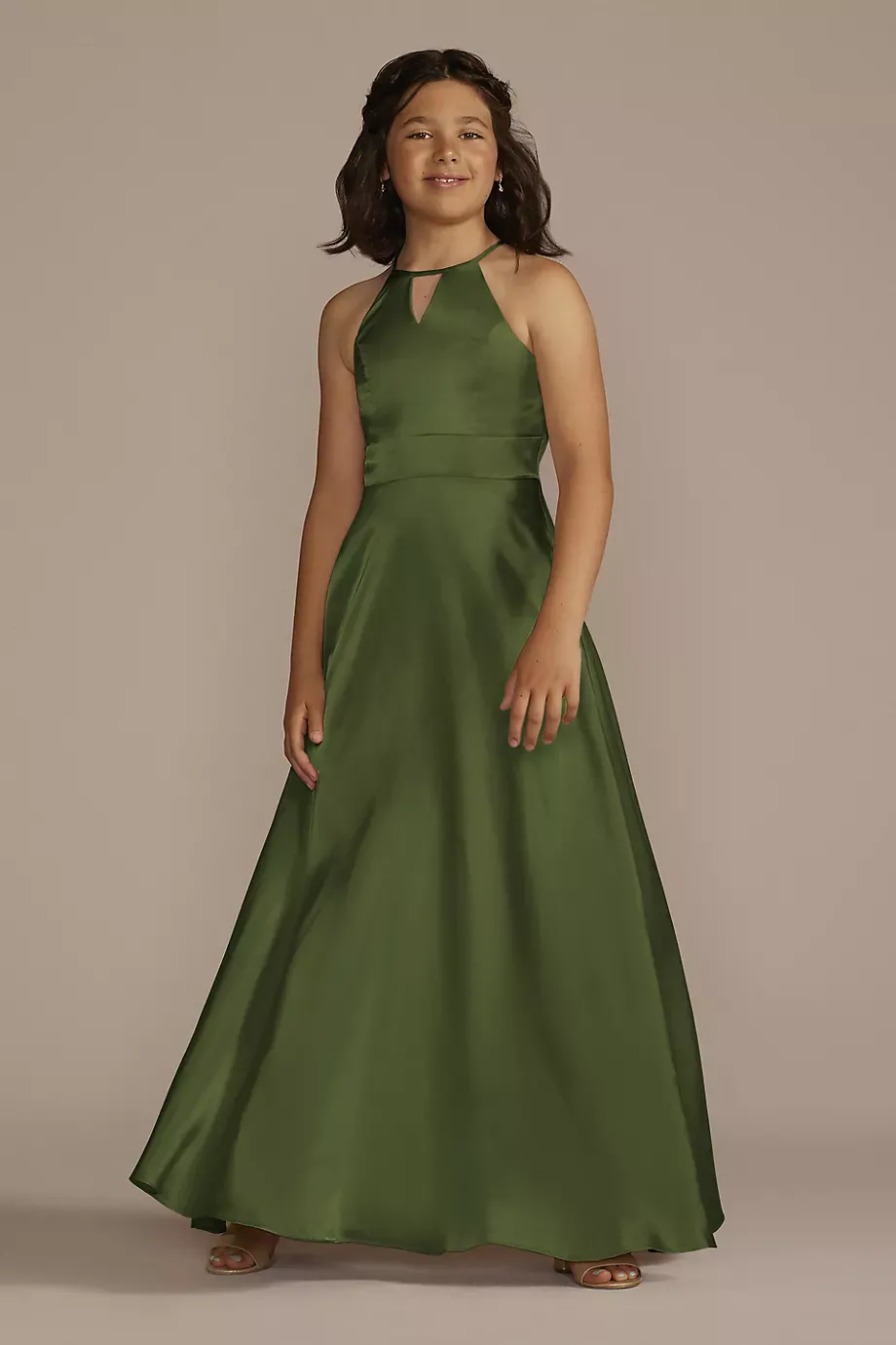 Galina Signature Charmeuse High-Neck Junior Bridesmaid Dress in Martini Olive Size: 8 David's Bridal