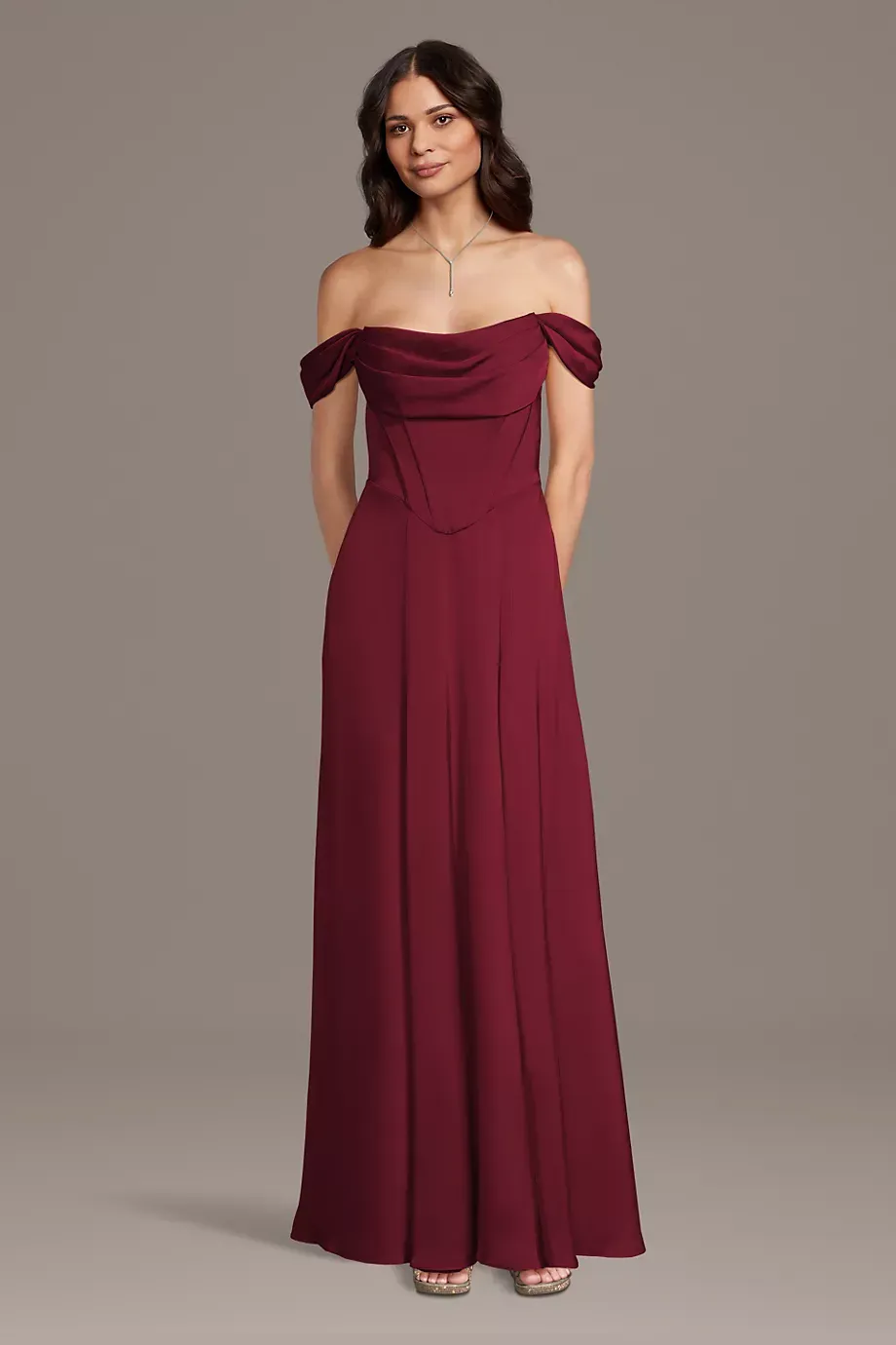 Galina Signature Matte Satin Basque Waist Off-The-Shoulder Dress in Cranberry Size: 3X David's Bridal