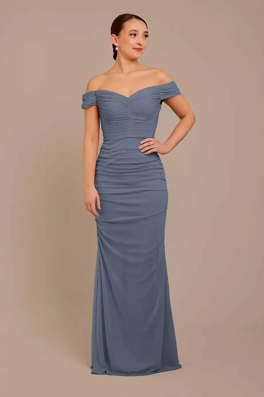 Celebrate DB Studio Mesh Off-The-Shoulder Ruched Dress in Steel Blue Size: 22 David's Bridal