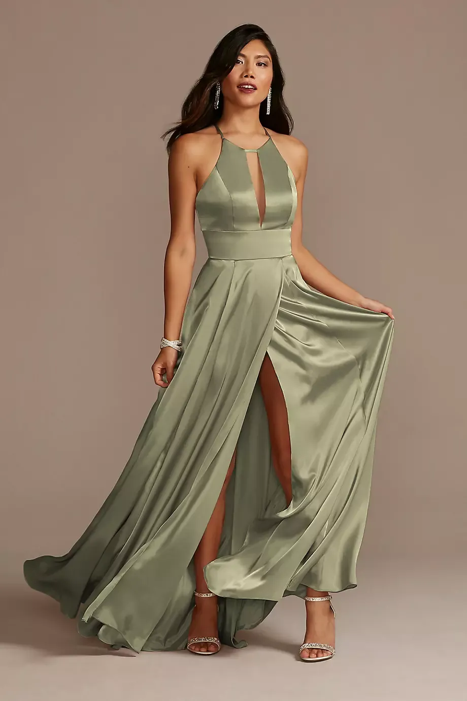 Galina Signature Charmeuse Keyhole Crisscross Back Dress in Eucalyptus Size: 16 David's Bridal