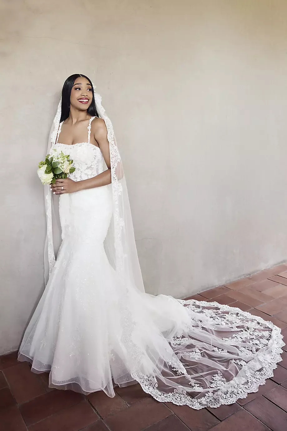 Galina Signature Lace Applique Illusion Bodice Mermaid Wedding Gown in Ivory Size: 4 David's Bridal