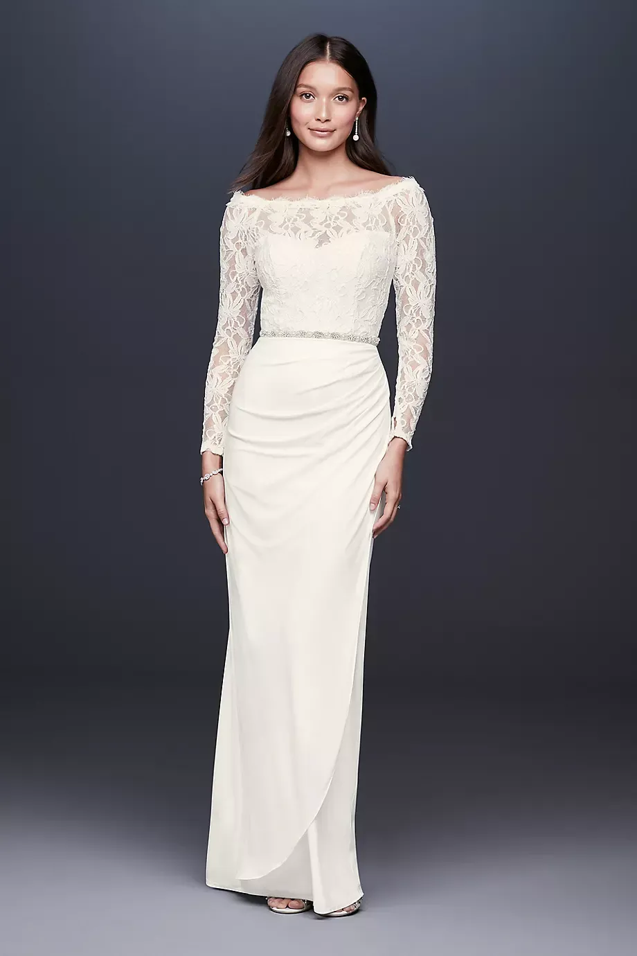 DB Studio Off-The-Shoulder Long Sleeve Lace Draped Gown in Ivory Size: 14 David's Bridal