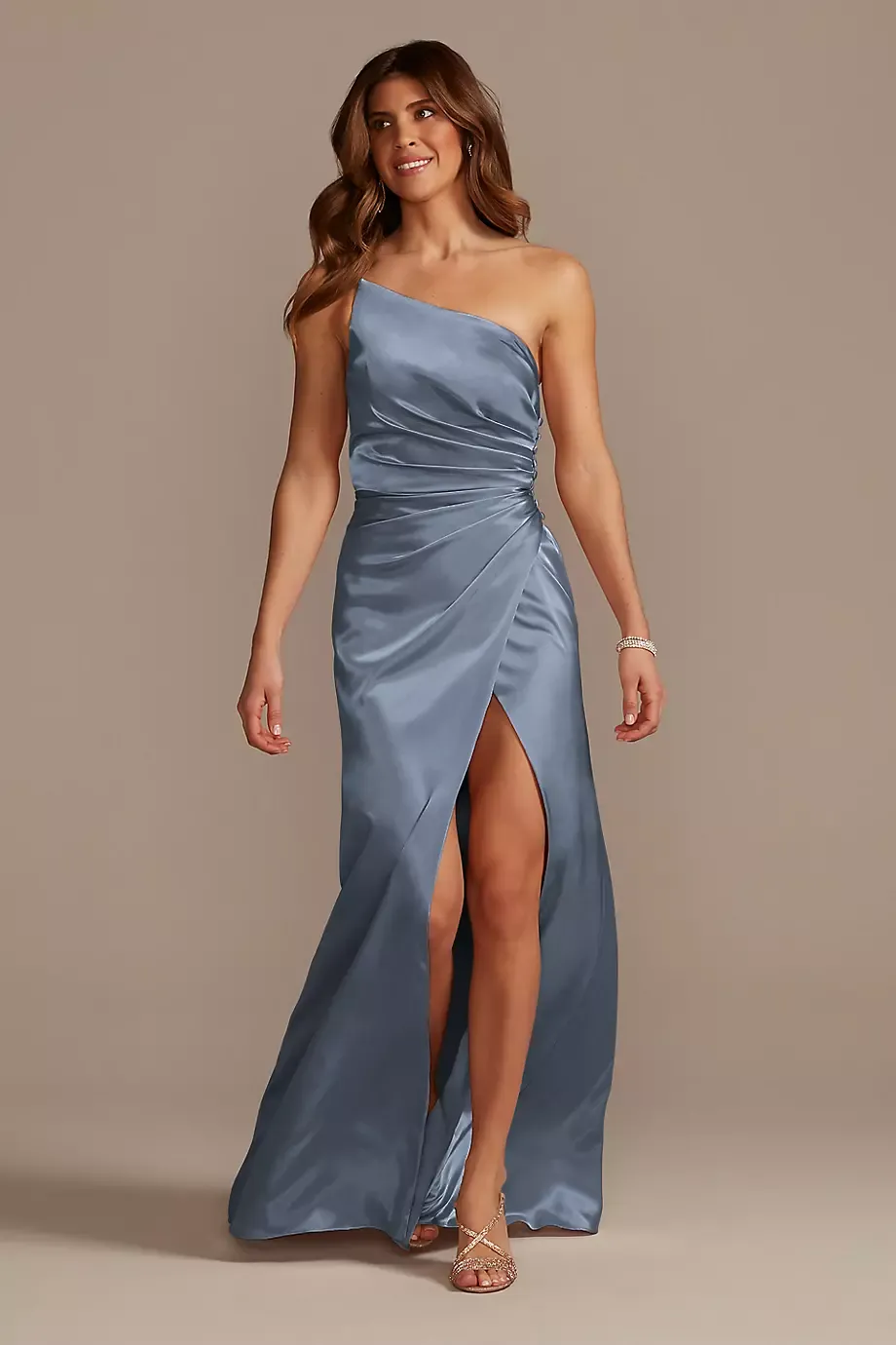 Galina Signature Tall Charmeuse One-Shoulder Dress in Steel Blue Size: 30 David's Bridal
