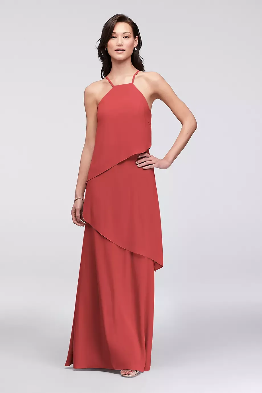 Waterfall Tier Georgette Bridesmaid Dress in Guava Size: 4 David's Bridal