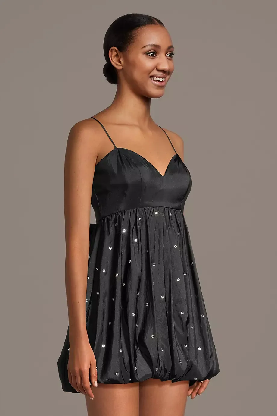 City Triangles Embellished Taffeta Bow Back Bubble Mini Dress in Black Size: 5 David's Bridal