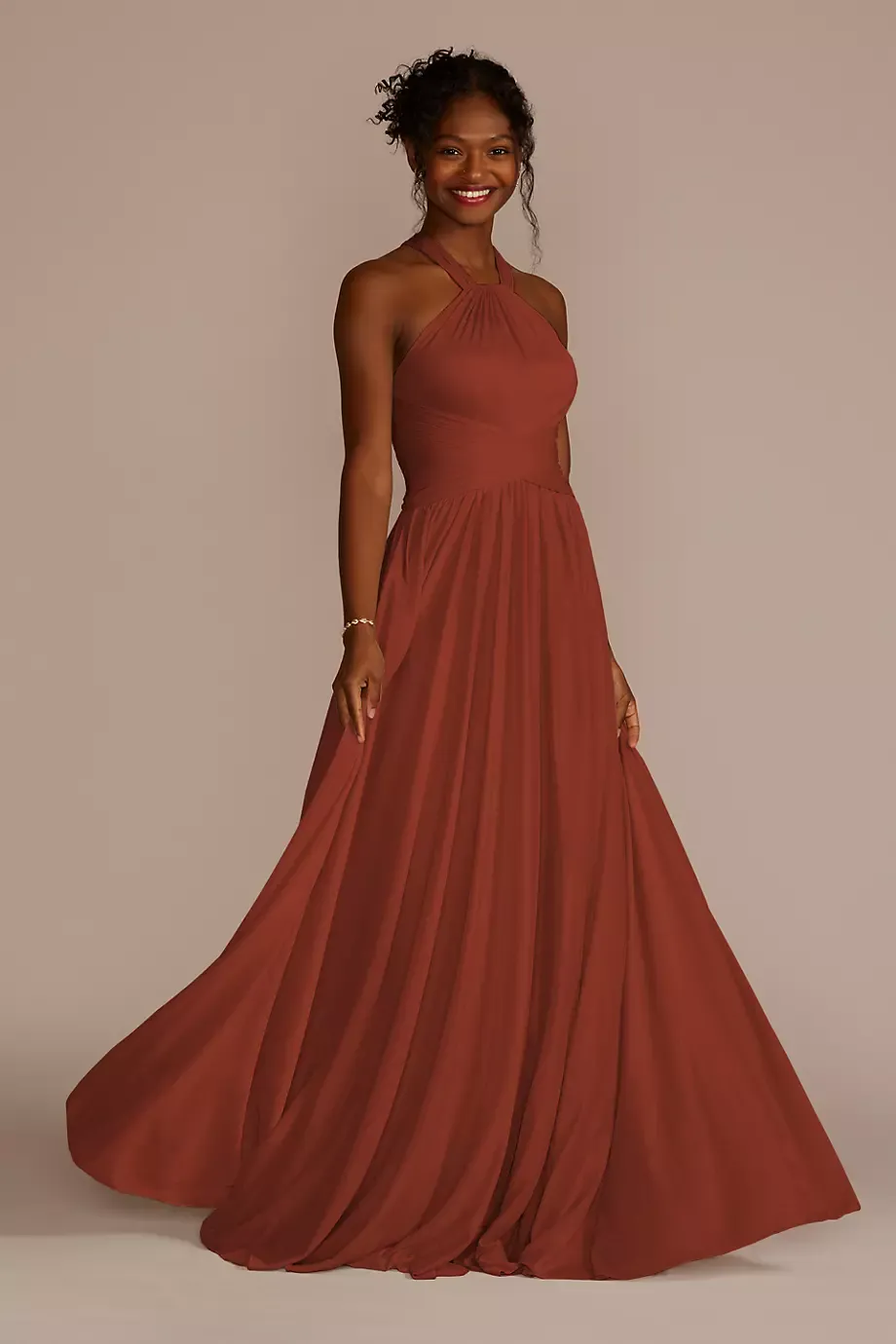 Celebrate DB Studio High-Neck Mesh Bridesmaid Dress With Full Skirt in Cinnamon Size: 16 David's Bridal