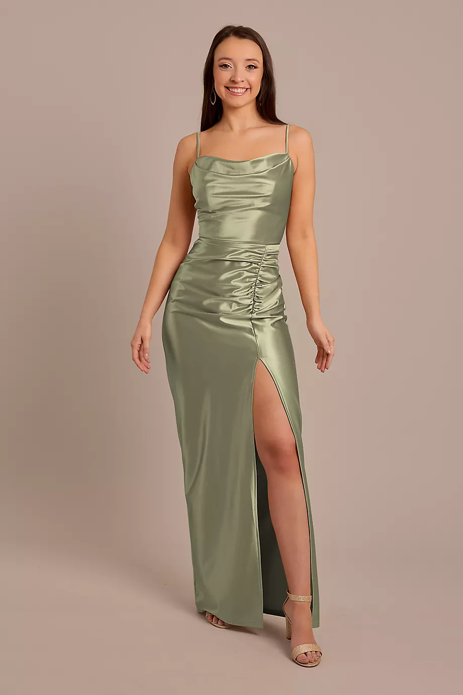 Celebrate DB Studio Sculpting Satin Cowl Neck Ruched Dress in Eucalyptus Size: 24 David's Bridal