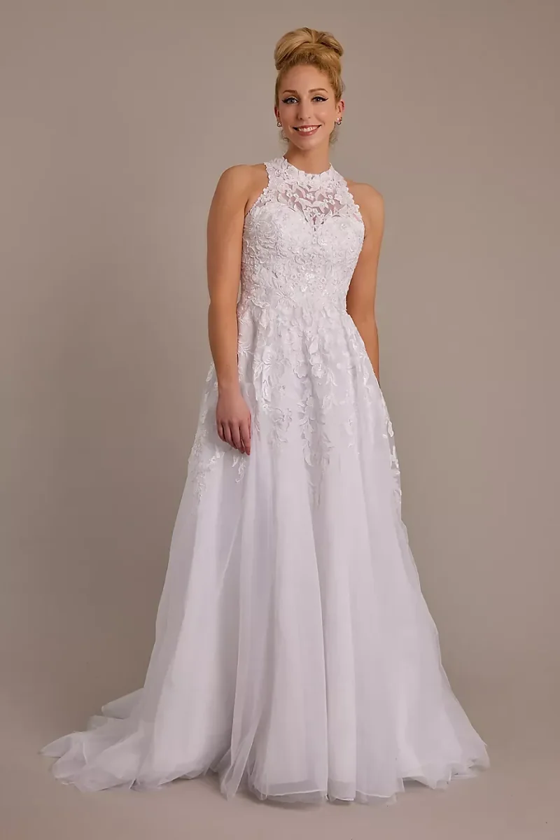 Oleg Cassini High Neck Lace Applique Tulle Wedding Dress in White Size: 20W David's Bridal