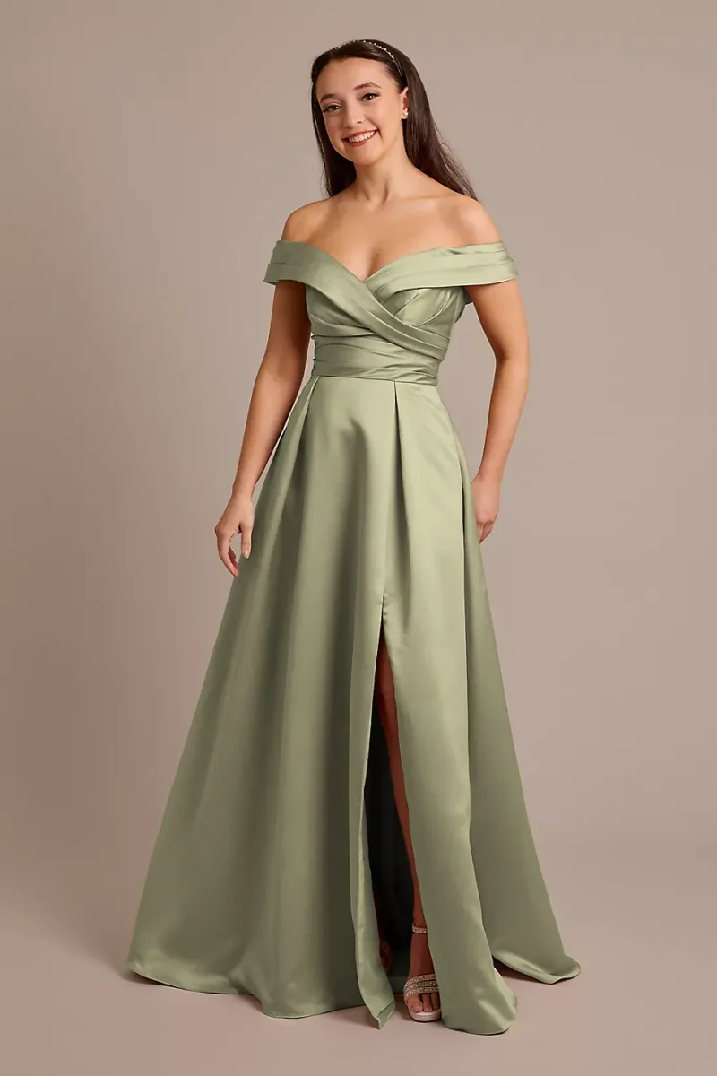 Celebrate DB Studio Satin Off-The-Shoulder Ball Gown Dress in Eucalyptus Size: 14 David's Bridal
