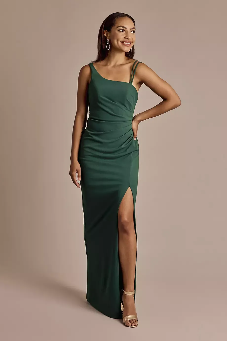 DB Studio One-Shoulder Side-Draped Crepe Sheath Dress in Juniper Size: 4 David's Bridal