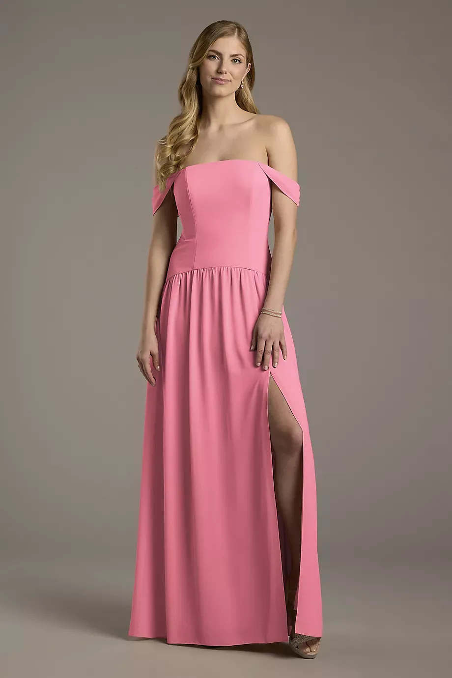 Celebrate DB Studio Chiffon Curved Drop Waist Off-The-Shoulder Dress in Rose Pink Size: 0 David's Bridal