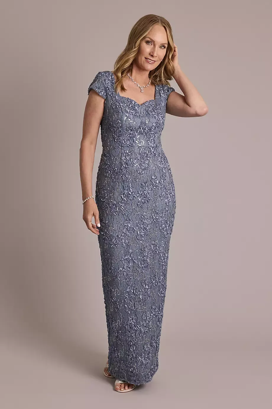 Oleg Cassini Short-Sleeve Sweetheart Soutache Sheath Dress in Wedgewood Size: 8 David's Bridal