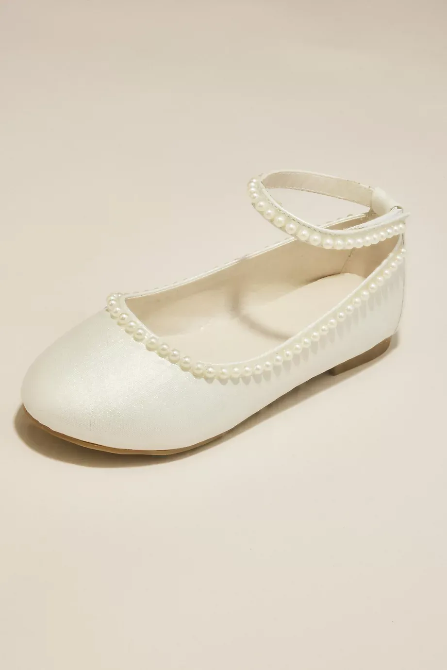 DB Studio Flower Girl Ballet Flat Shoes With Pearl Ankle Strap in Ivory Size: 12Y David's Bridal