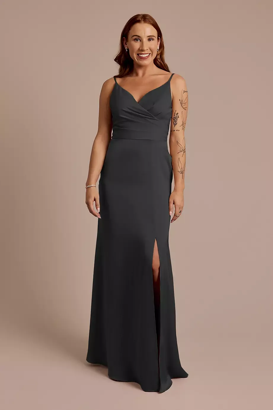 Celebrate DB Studio Matte Satin Spaghetti Strap Surplice A-Line Dress in Black Size: 2 David's Bridal