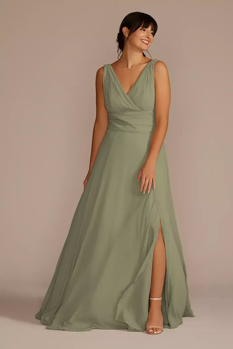 Celebrate DB Studio Long Chiffon Surplice Tank Bridesmaid Dress in Eucalyptus Size: 24 David's Bridal