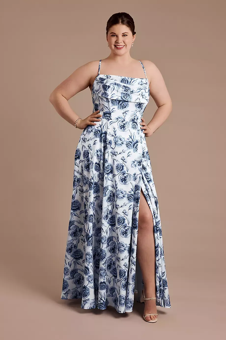 Galina Signature Floral Matte Satin Cowl Neck A-Line Dress in Blue White Floral Print Size: 4 David's Bridal