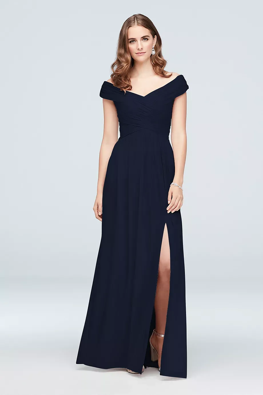 Celebrate DB Studio Crisscross Off-The-Shoulder Mesh Bridesmaid Dress in Marine Size: 24 David's Bridal